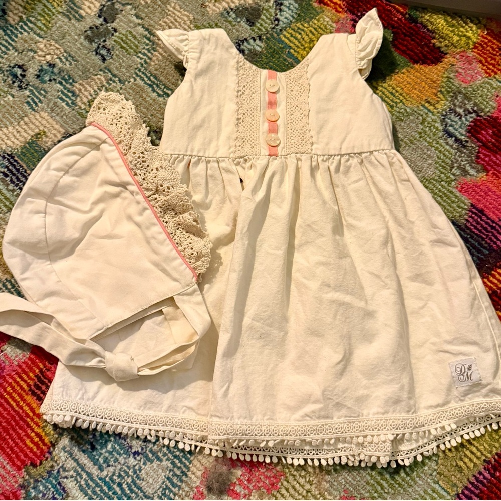 Darling Mae Cream Lace dress with Bonnet